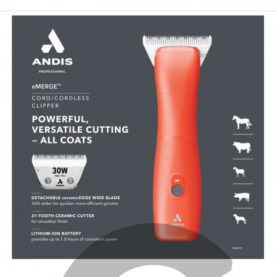 Andis eMERGE Clipper – profesionali vieno greičio kirpimo mašinėlė su integruotu akumuliatoriumi ir plačiu CeramicEdge nr. 30 (0,5 mm) peiliuku. 4