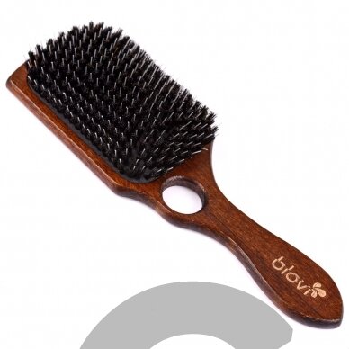 Blovi Brown Wood Brush 26cm - extra duża, drewniana szczotka z włosiem naturalnym, rozczesywaczem i otworem na palec, dla ras długowłosych