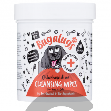 "Bugalugs Clenasing Wipes" 100 vnt. - Biologiškai suyrantys chlorheksidino servetėlės problemiškai šunų ir kačių odai.