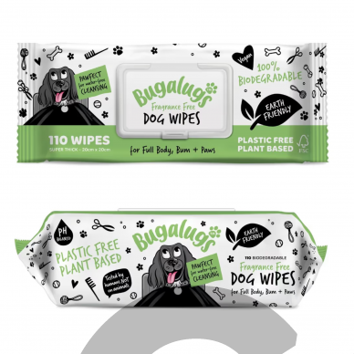 Bugalugs Fragrance Free dog Wipes 110 vnt. - Biologiškai suyrančios drėgnos servetėlės šunims be kvapiklių.