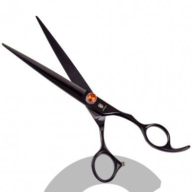 Jargem Black Straight Scissors 7,5" – tiesios priežiūros žirklės su ergonomiška rankena, dekoratyviniu varžtu ir juoda danga