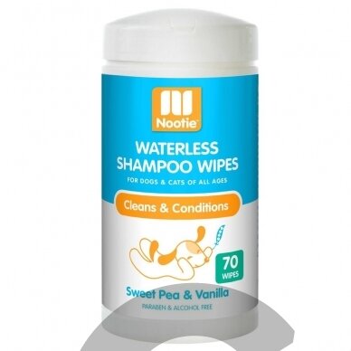 Nootie Sweet Pea & Vanilla Wipes 70vnt. - žirnelių gėlių ir vanilės kvapo servetėlės, skirtos naminių gyvūnėlių plaukams valyti ir gaivinti.