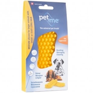 Pet+Me Medium Silicone Brush Yellow - silikoninis šepetys šunims ir katems su trumpais ir tankiais, ilgais ir šilkiniais arba šiurkščiavilniais plaukais