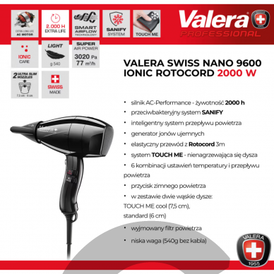 Valera Swiss Nano 9600 Ionic Rotocord - Profesionalus džiovintuvas su besisukančiu laidu, juodas 4